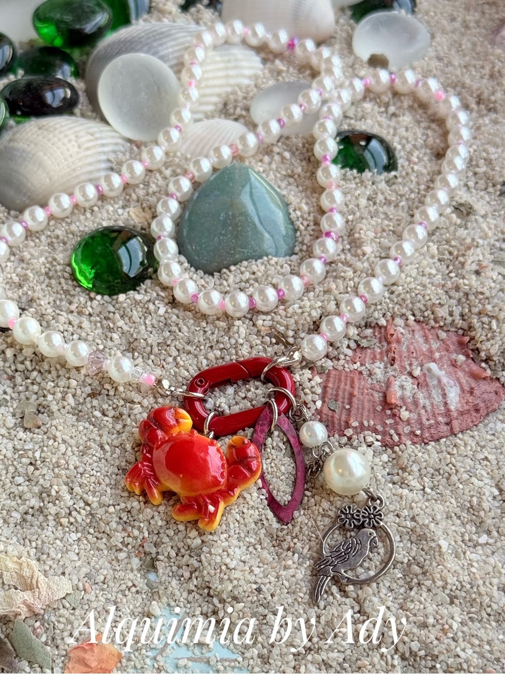 White Pearl Necklace with Red and Yellow Crab Charm